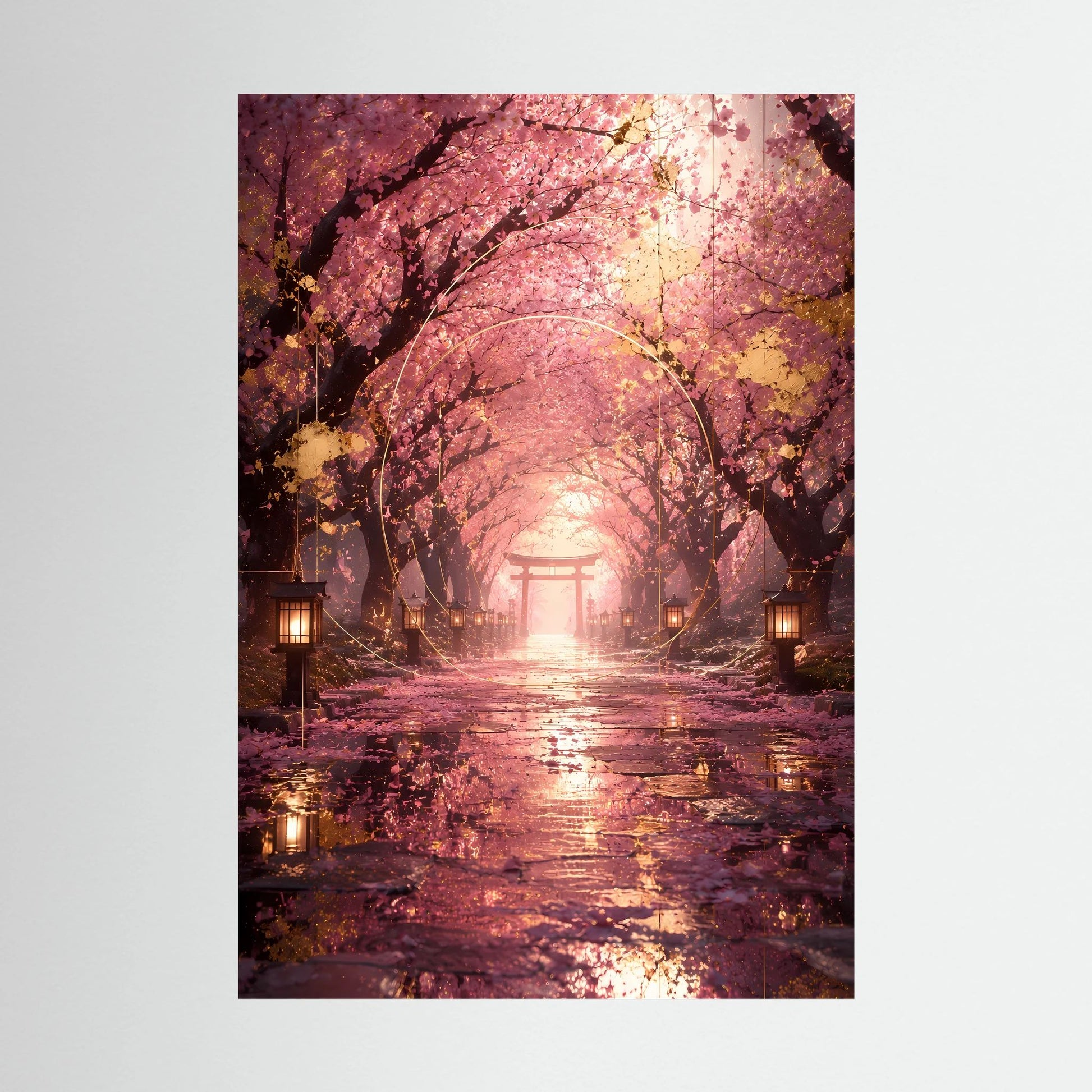 Hochformat-Poster: Kirschblütenallee mit Torii-Tor und Laternen, rosa Licht im Regenweg