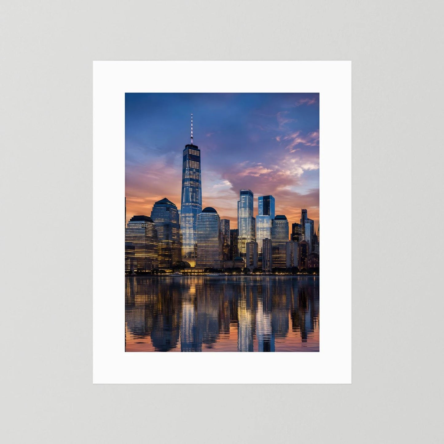 Hochformatiges Skyline-Poster mit weißem Rand, Stadtansicht bei Sonnenuntergang