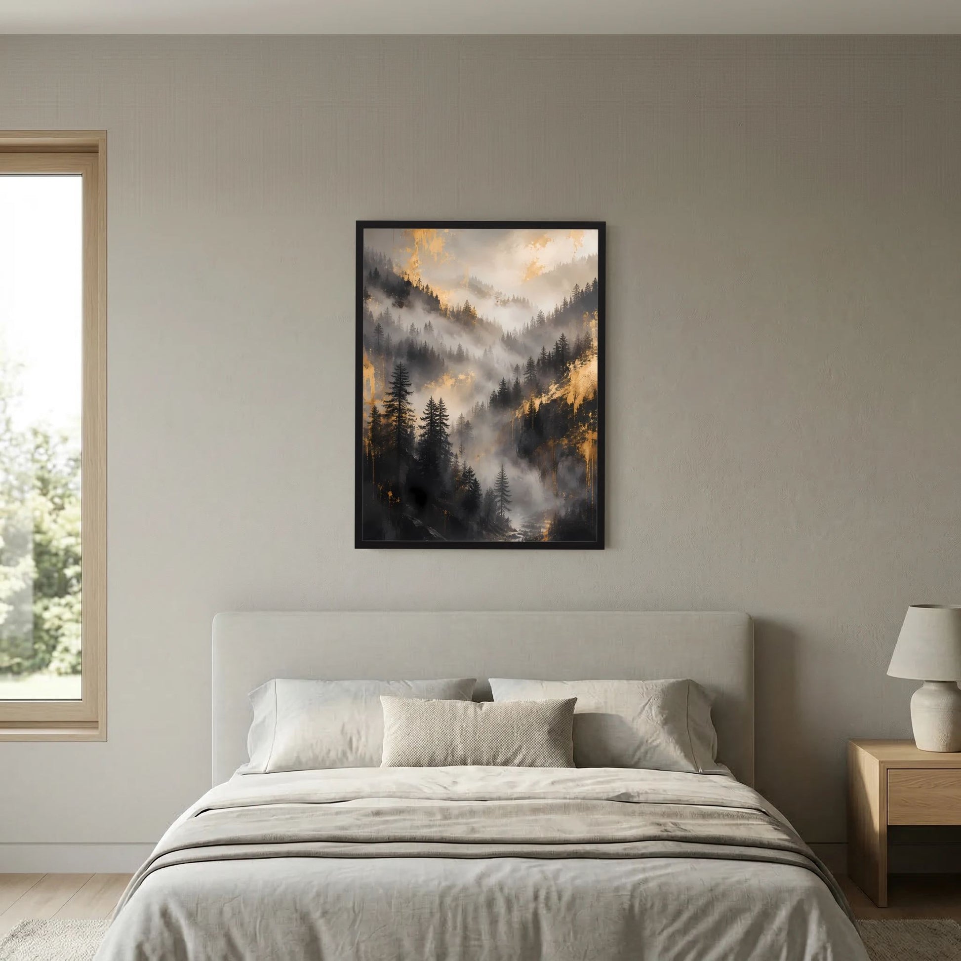 Poster im Hochformat mit schwarzem Rahmen: neblige Berglandschaft mit Tannen und goldenen Akzenten