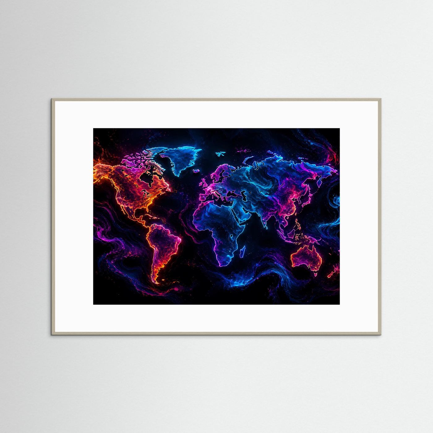 Weltkarte Poster | Neon Weltkarte Wandbild | Moderne World Map Kunst | Abstrakte Landkarte | Futuristische Wanddekoration