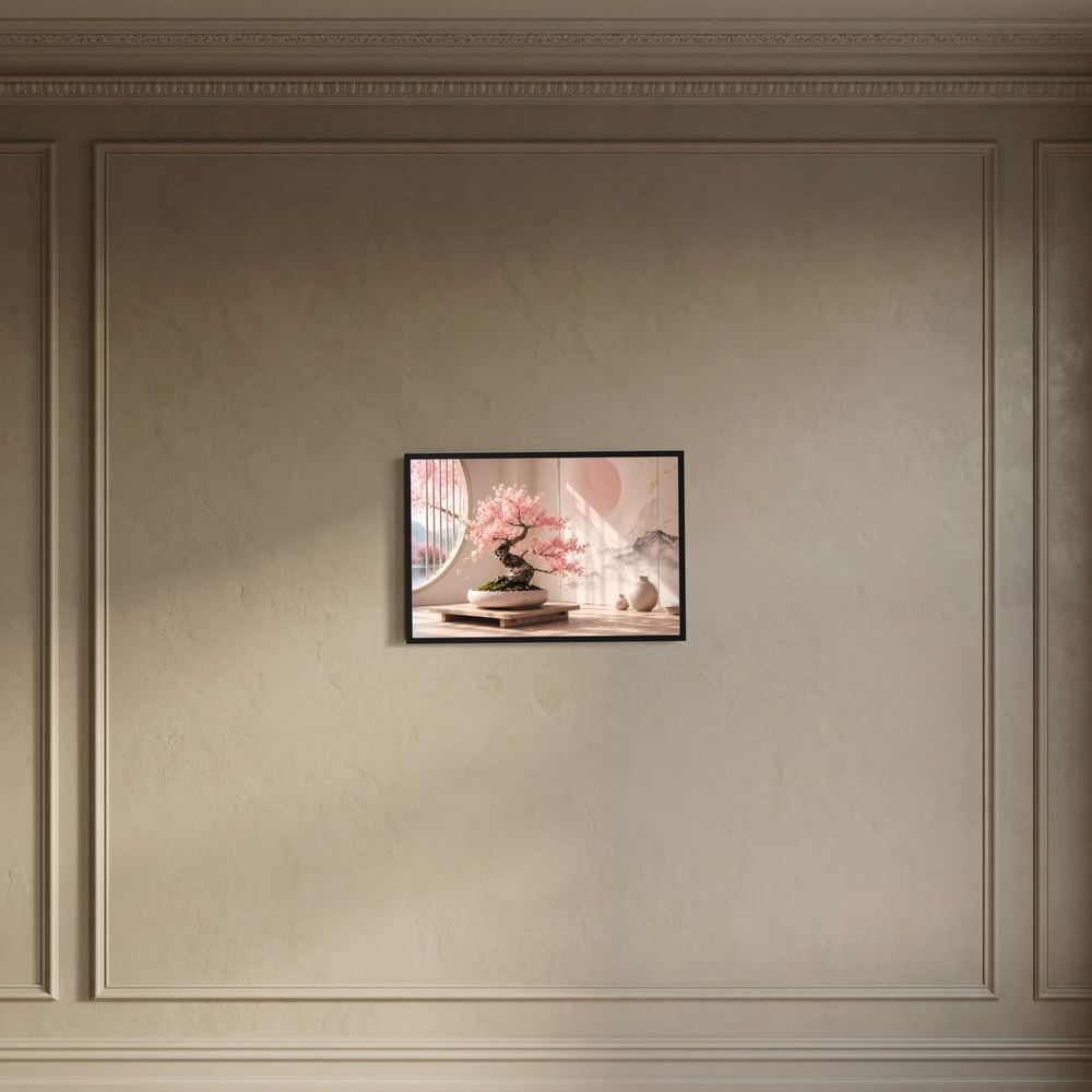 Gerahmtes Poster im Querformat mit Sakura-Bonsai, rosafarbenen Blüten und ruhigem Zen-Motiv.