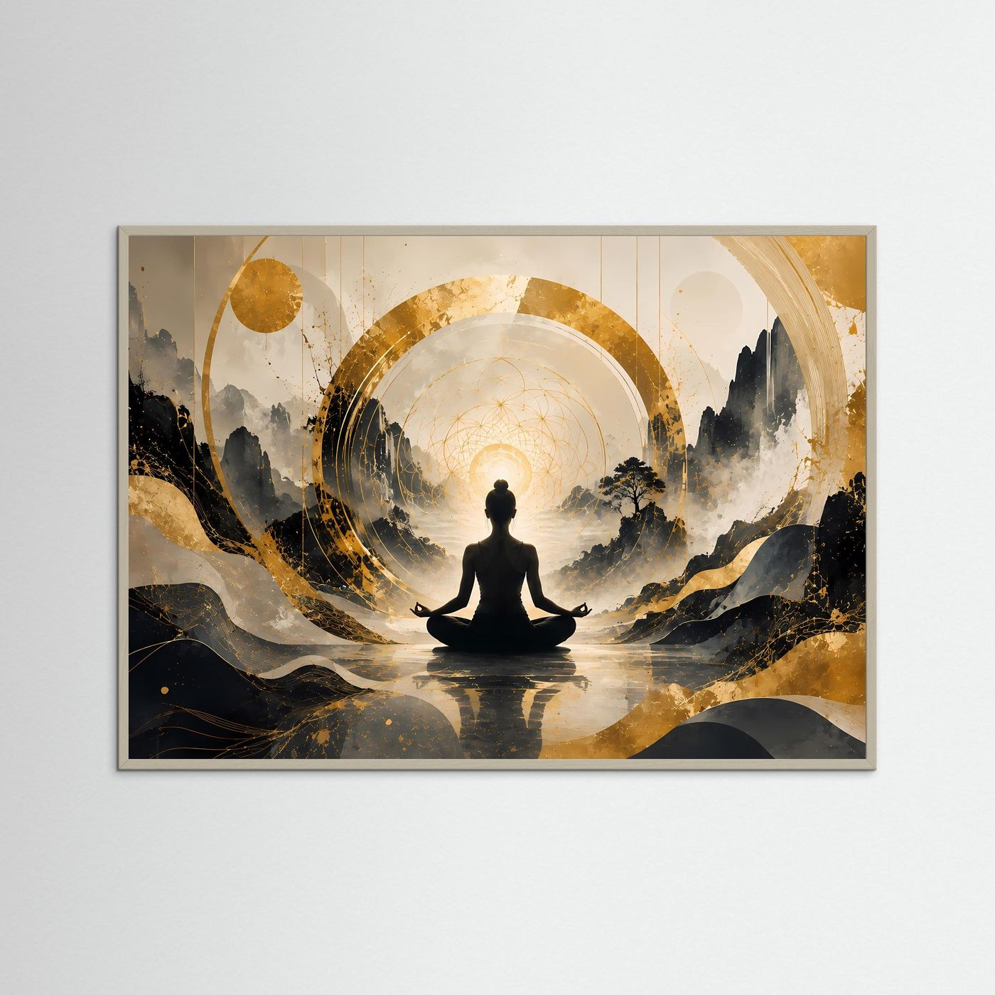 Meditierende Frau in Berglandschaft | Spirituelle Kunst in Schwarz & Gold