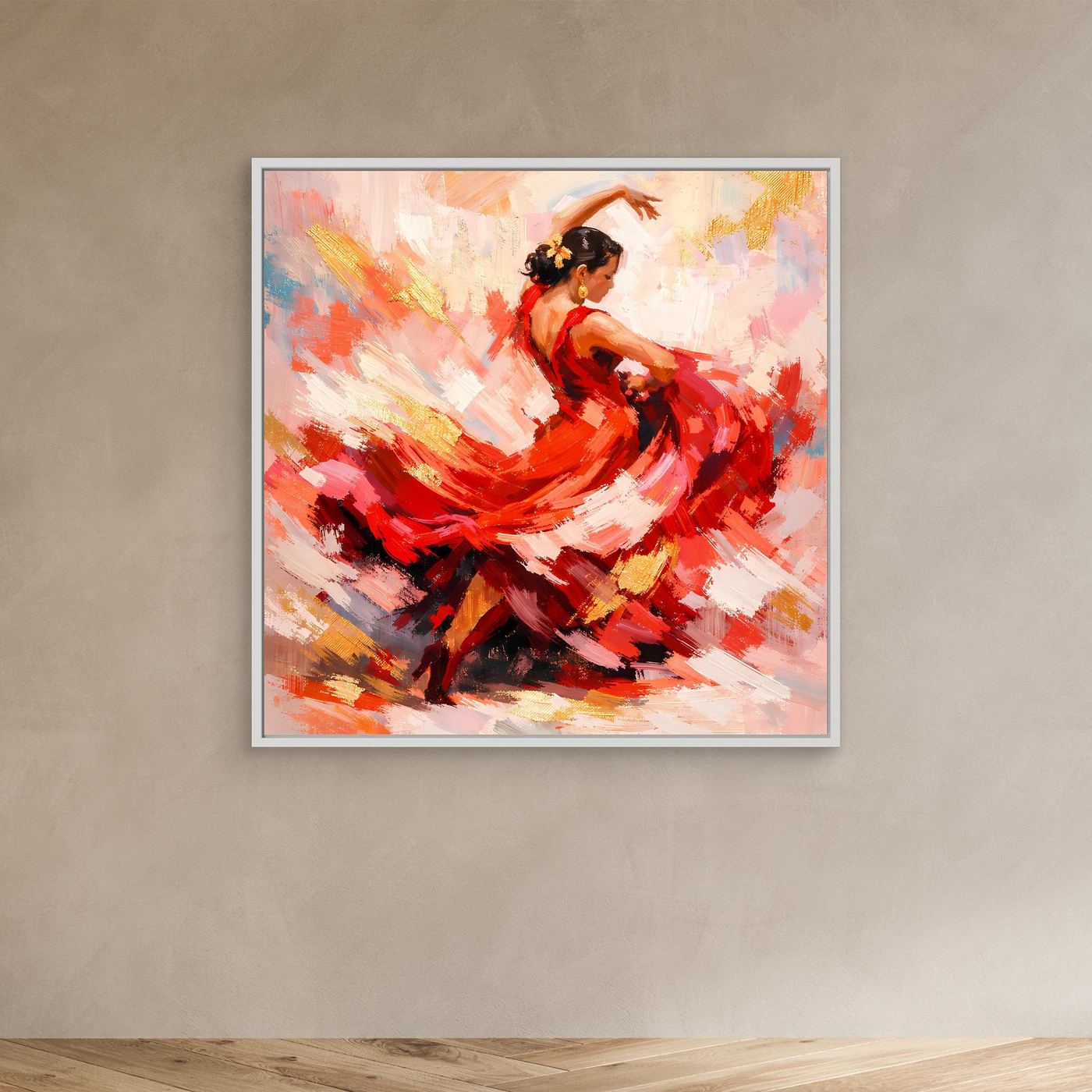 Leinwandbild: Flamenco-Tänzerin im roten Kleid, abstrakte Pinselstriche, im weißen Rahmen