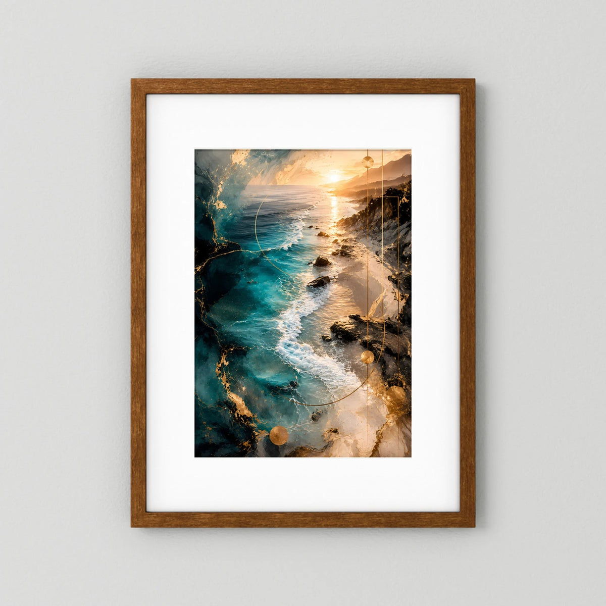 Gerahmtes Hochformat-Poster mit braunem Holzrahmen und weißem Passepartout, türkis-golden