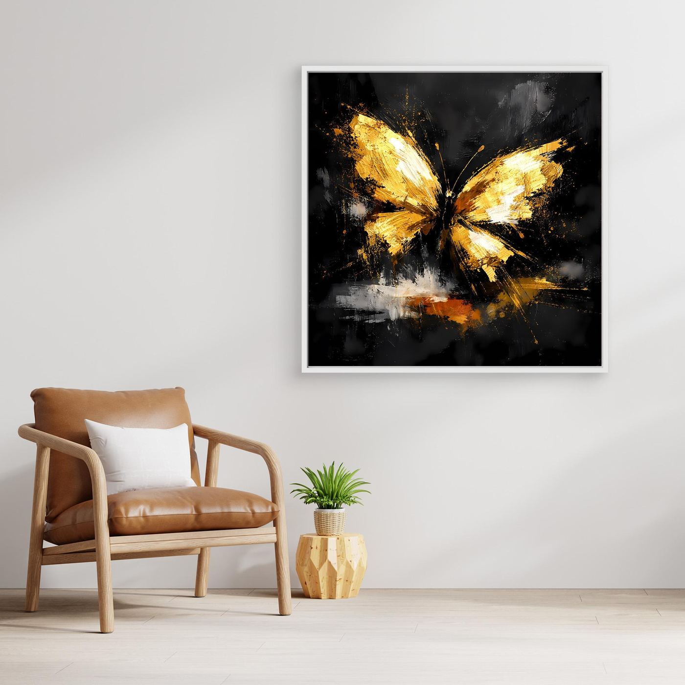 Leinwand Goldener Schmetterling Abstrakt | Modernes Insekten Wandbild Schwarz Gold