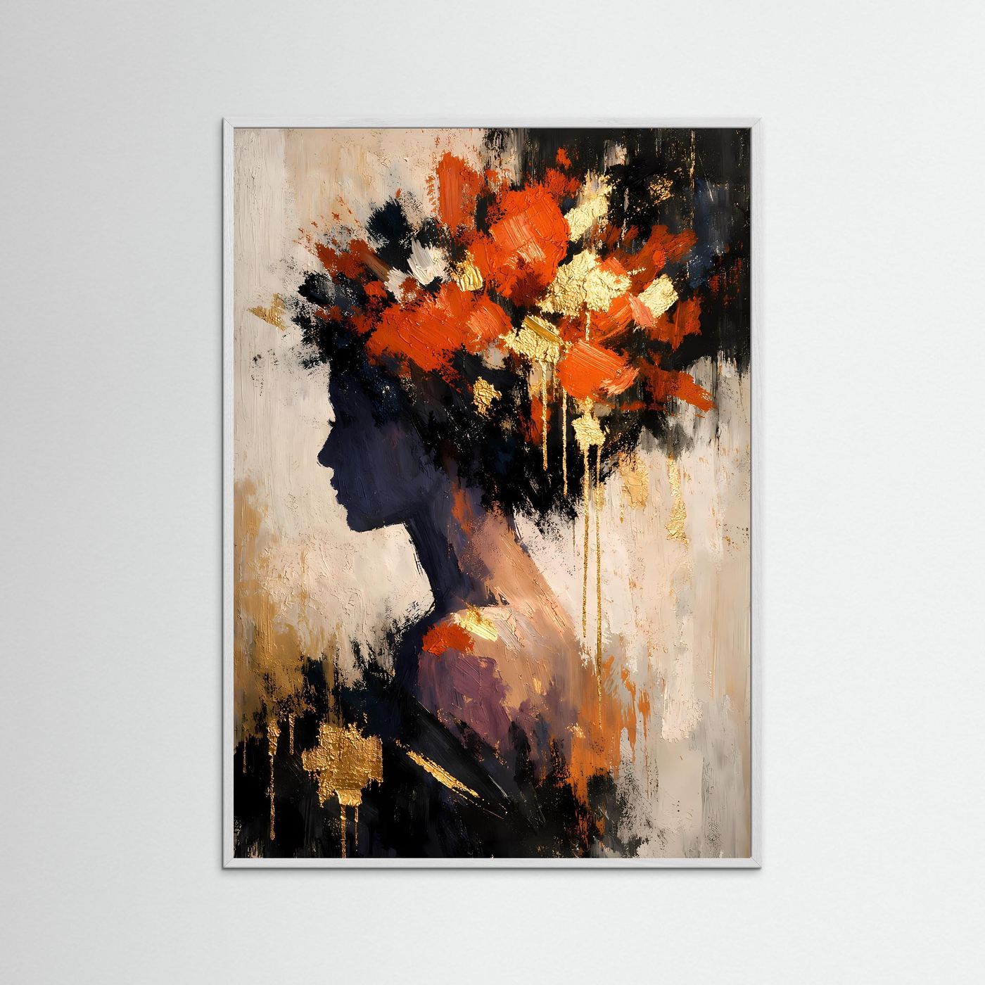 Kunstposter mit abstraktem Frauenprofil im beigen Rahmen, orange-goldene Farbflächen, schwarz