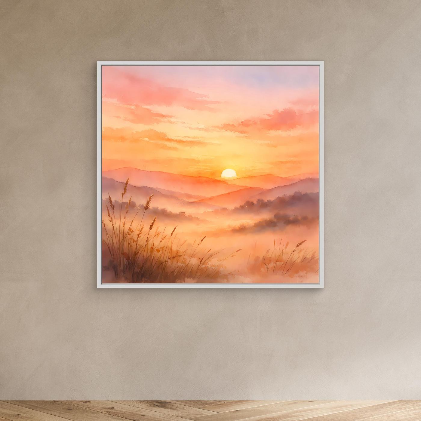 Leinwandbild Sonnenuntergang in den Bergen mit Nebel und Gräsern; weißer Rahmen