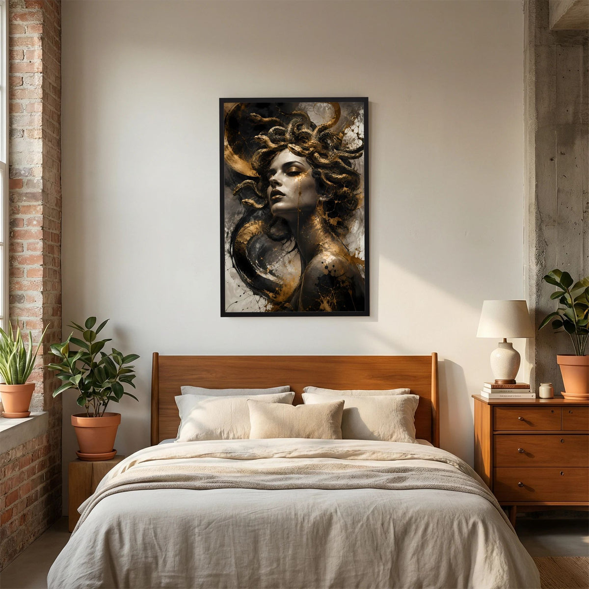 Hochformatiger Poster mit Medusa-Frau im Schwarz-Gold, schwarzer Rahmen