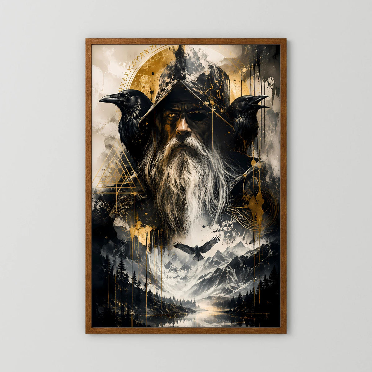 Hochformatiges Poster im braunen Holzrahmen mit Runenmagier und Raben, goldene Runen
