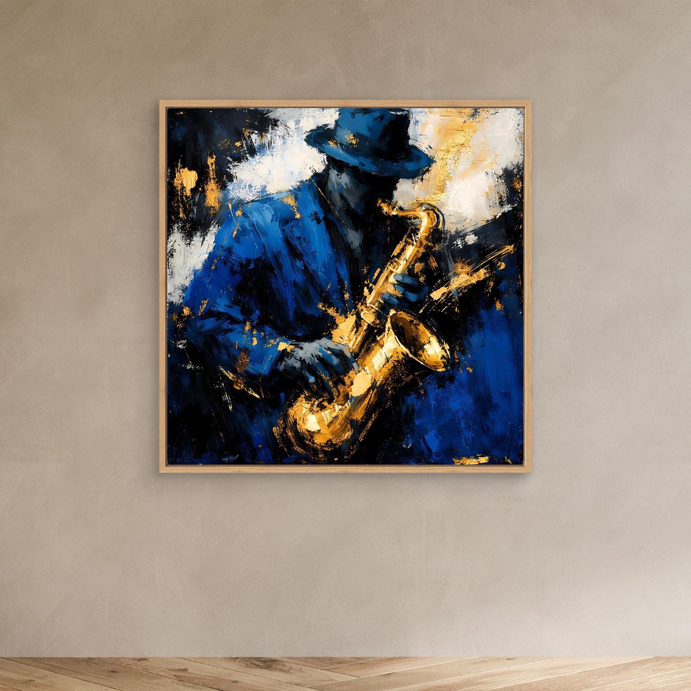 Leinwand Eleganter Jazz-Saxophonist in Blau und Gold | Abstraktes Musik Wandbild