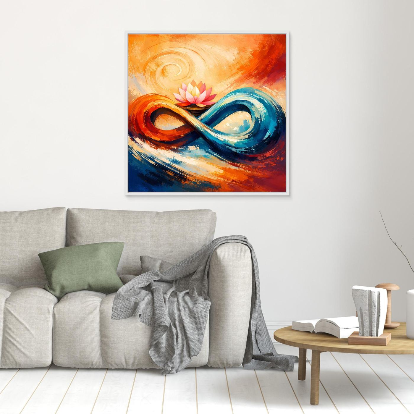 Abstraktes Leinwand-Wandbild mit Lotusblüte und Unendlichkeit in Orange, Blau und Rosa, mit braunem Rahmen