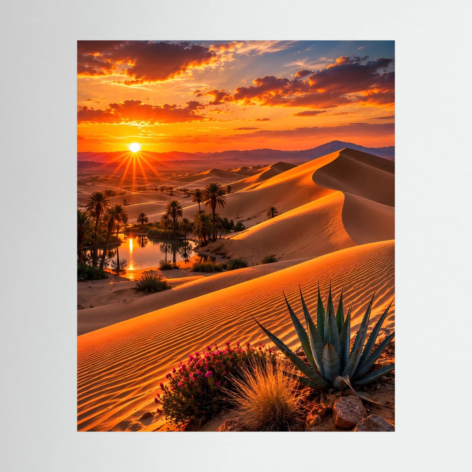 Poster im Hochformat: Wüste mit Oase, goldene Sanddünen und Palmen bei Sonnenuntergang