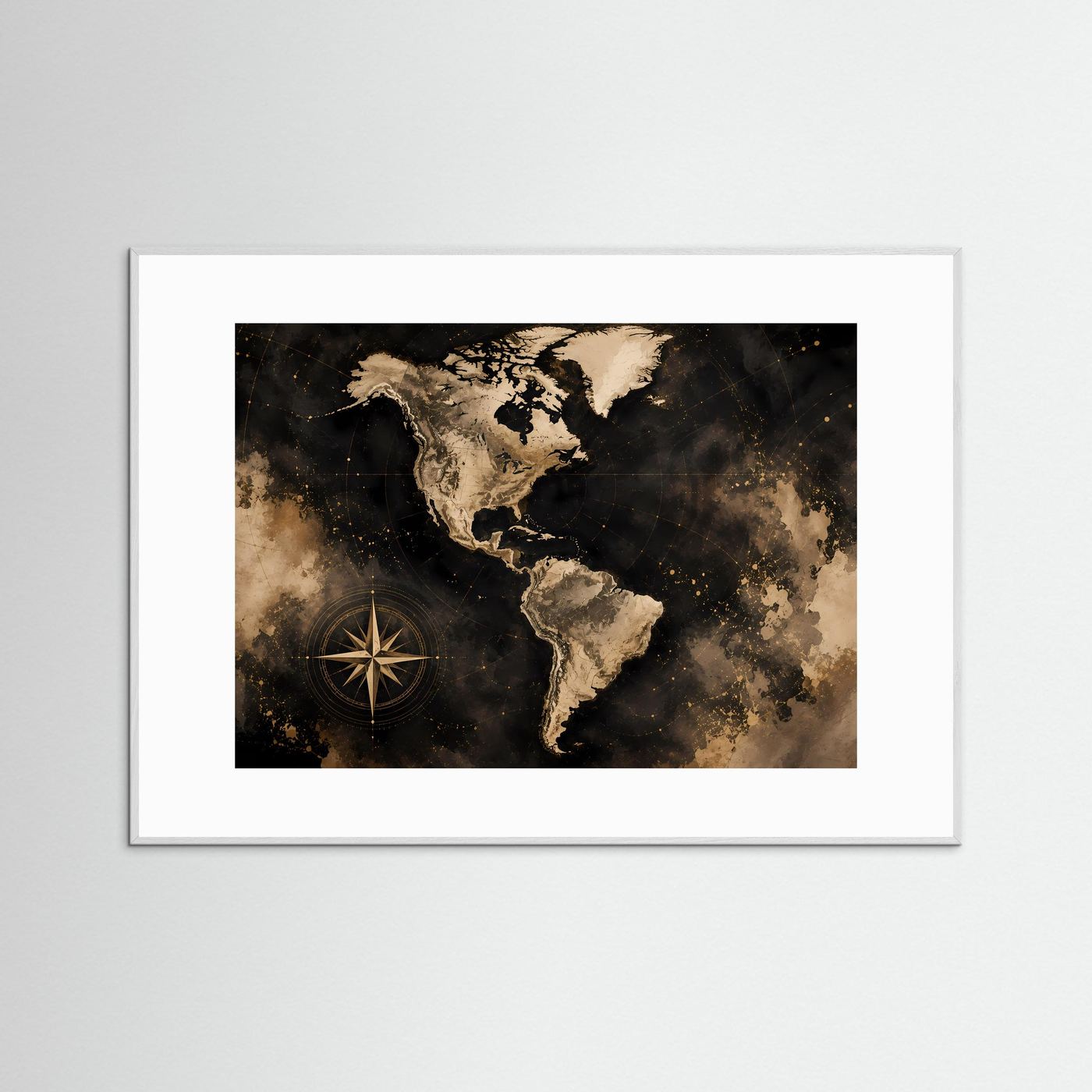 Poster Weltkarte Amerika mit Kompass, schwarz-gold, querformatig, in weißem Rahmen