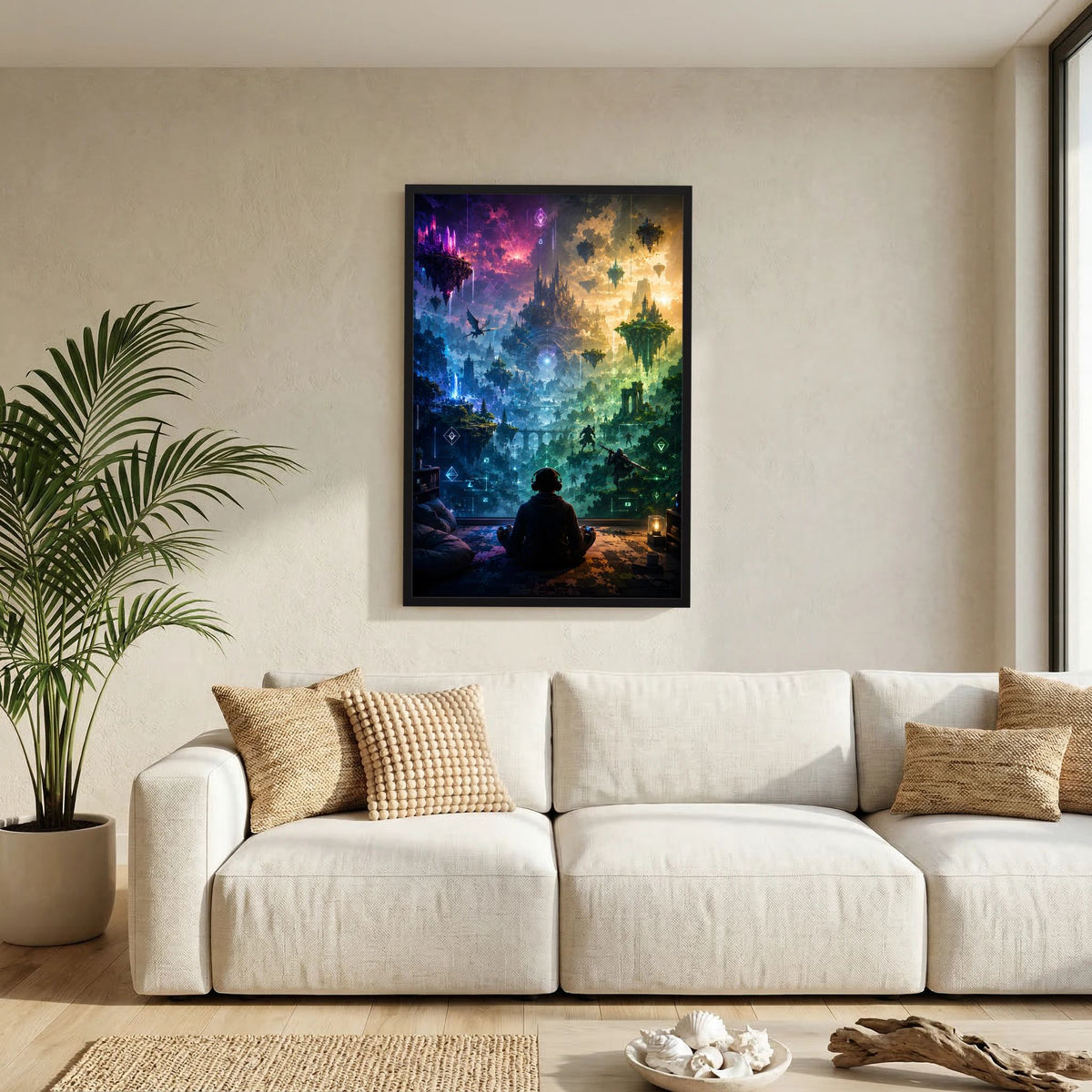 Kunstposter mit schwarzem Rahmen an Sofa-Wand, Gaming-Fantasy-Landschaft mit Inseln