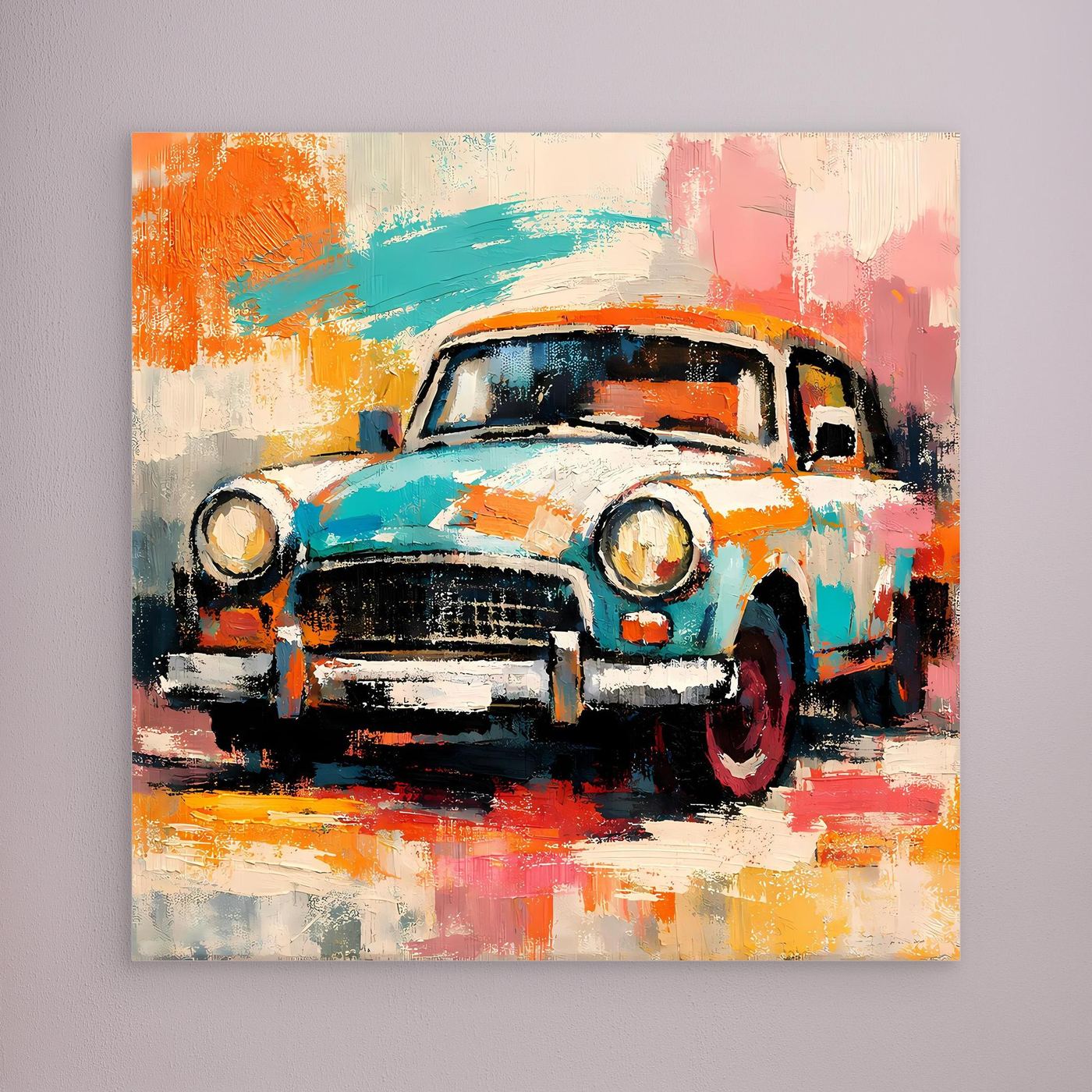 Abstract vintage car canvas wall art, teal orange pink brushstrokes