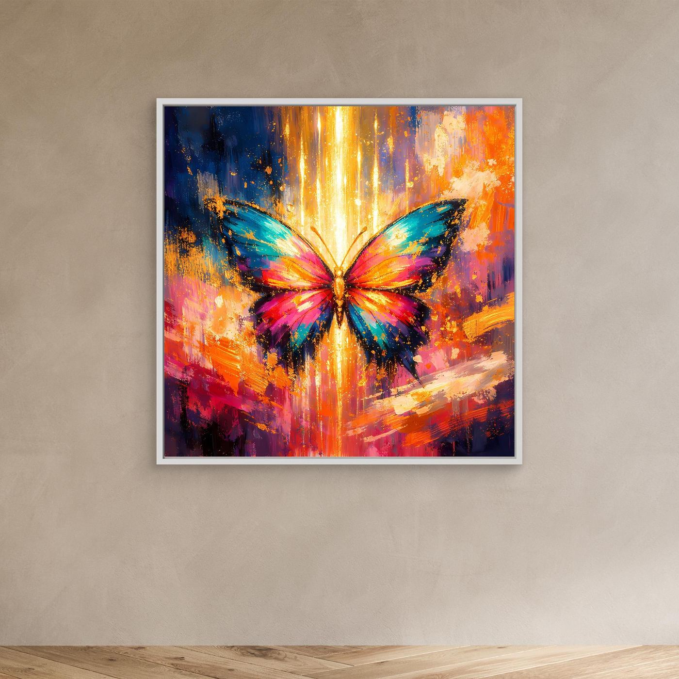 Wandbild mit leuchtendem Schmetterling im Lichtstrahl im weißen Rahmen, abstrakte Pinseltechnik