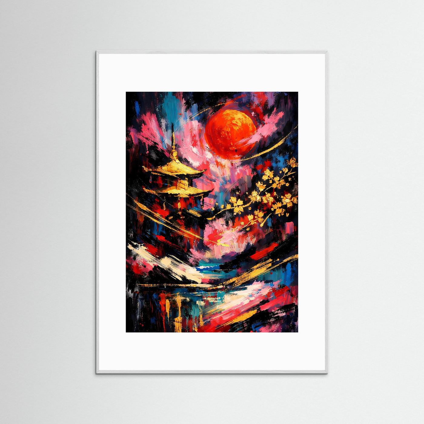 Abstraktes Pagodenposter mit roter Sonne, farbigen Pinselstrichen, silbergrauem Rahmen