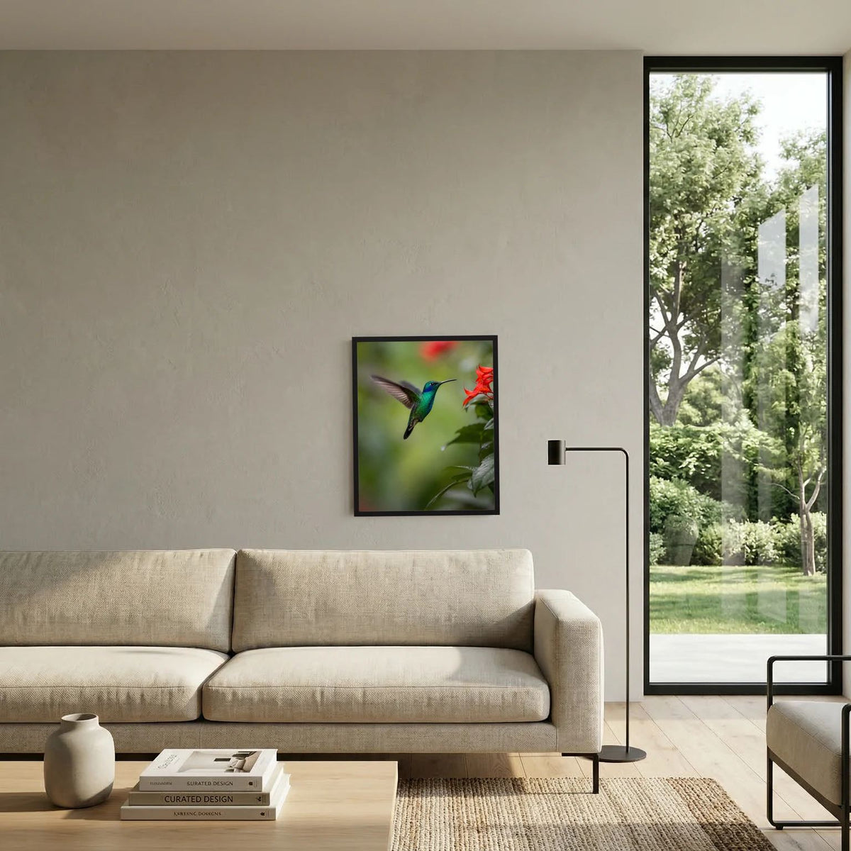 Wandbild im schwarzen Rahmen: Kolibri im Flug und rote Blüten
