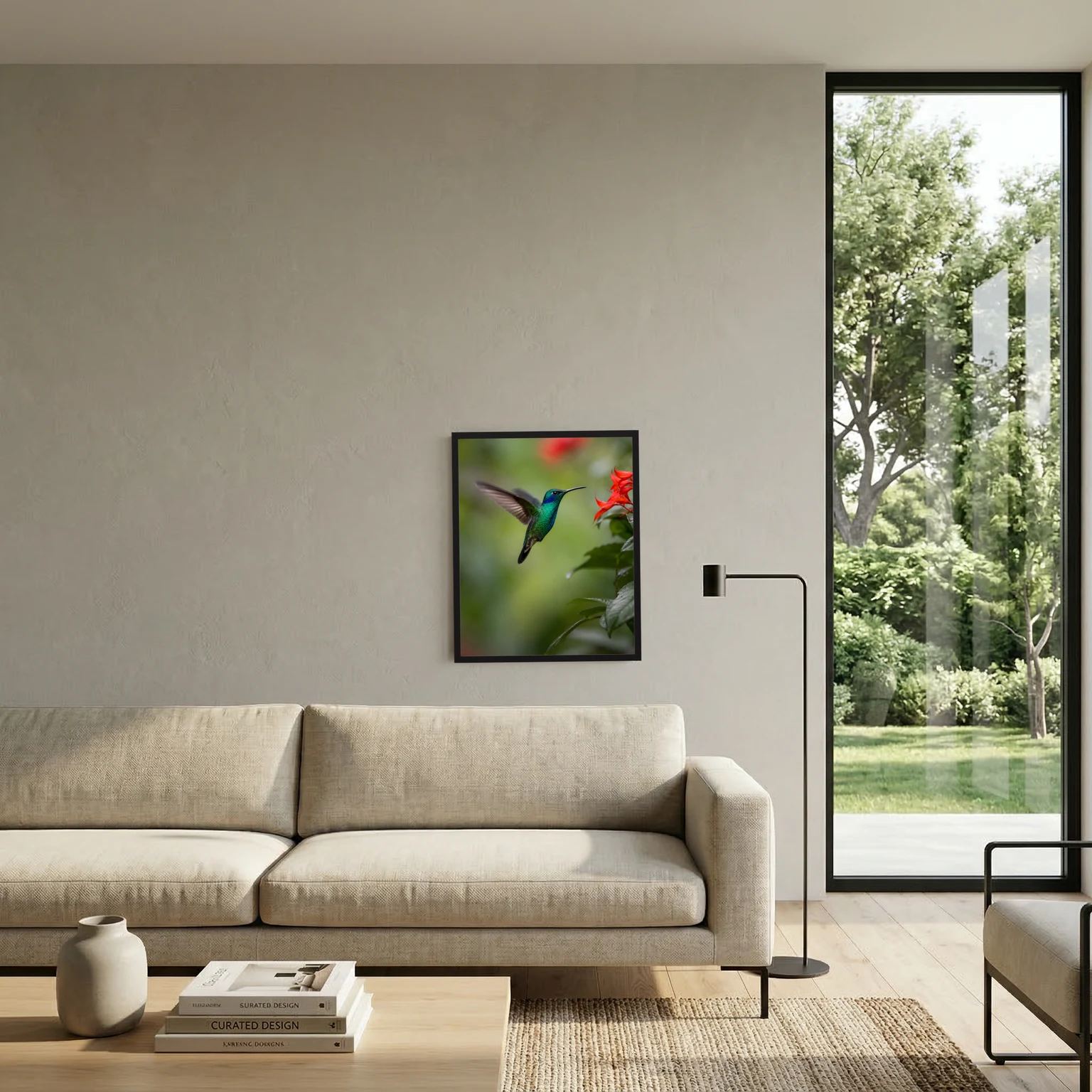 Wandbild im schwarzen Rahmen: Kolibri im Flug und rote Blüten