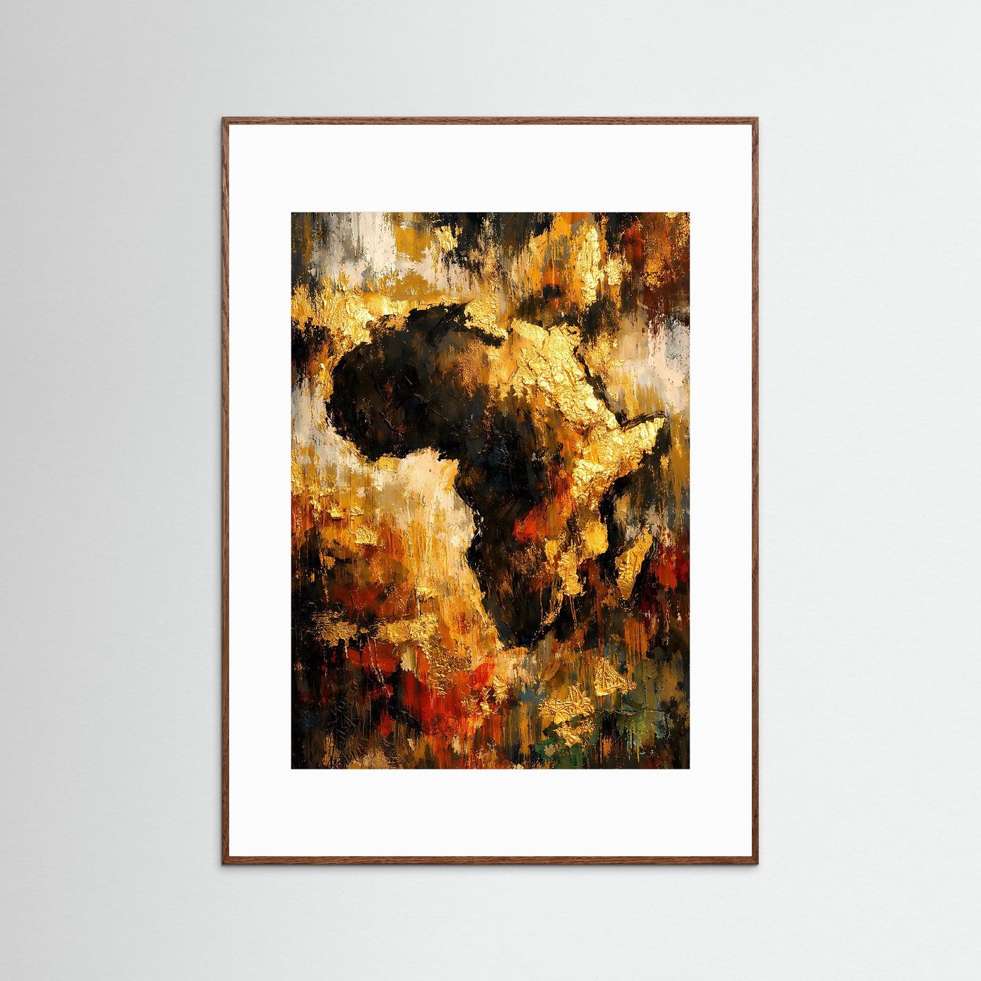 Hochformatiges Afrika-Kunstposter mit braunem Rahmen, abstrakter Kontinent in Gold, Schwarz und Rost