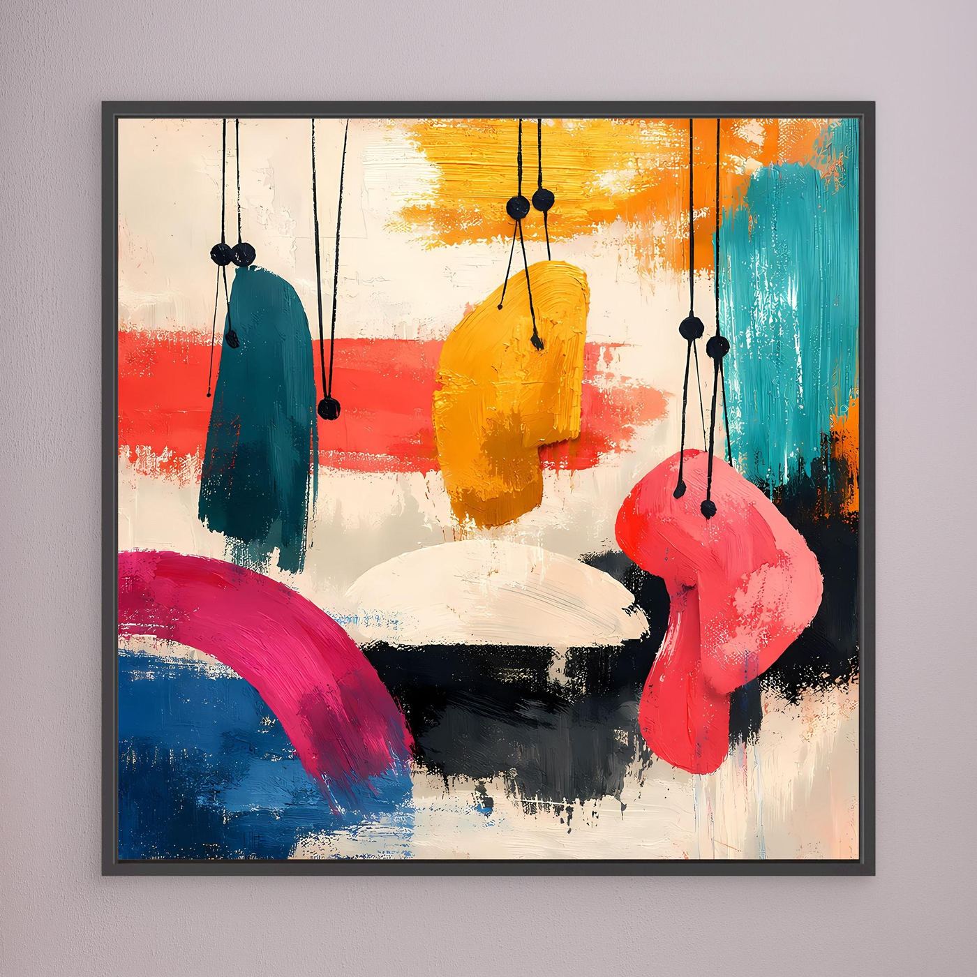 Black-framed abstract wall art with hanging organic shapes in teal, yellow, pink, blue