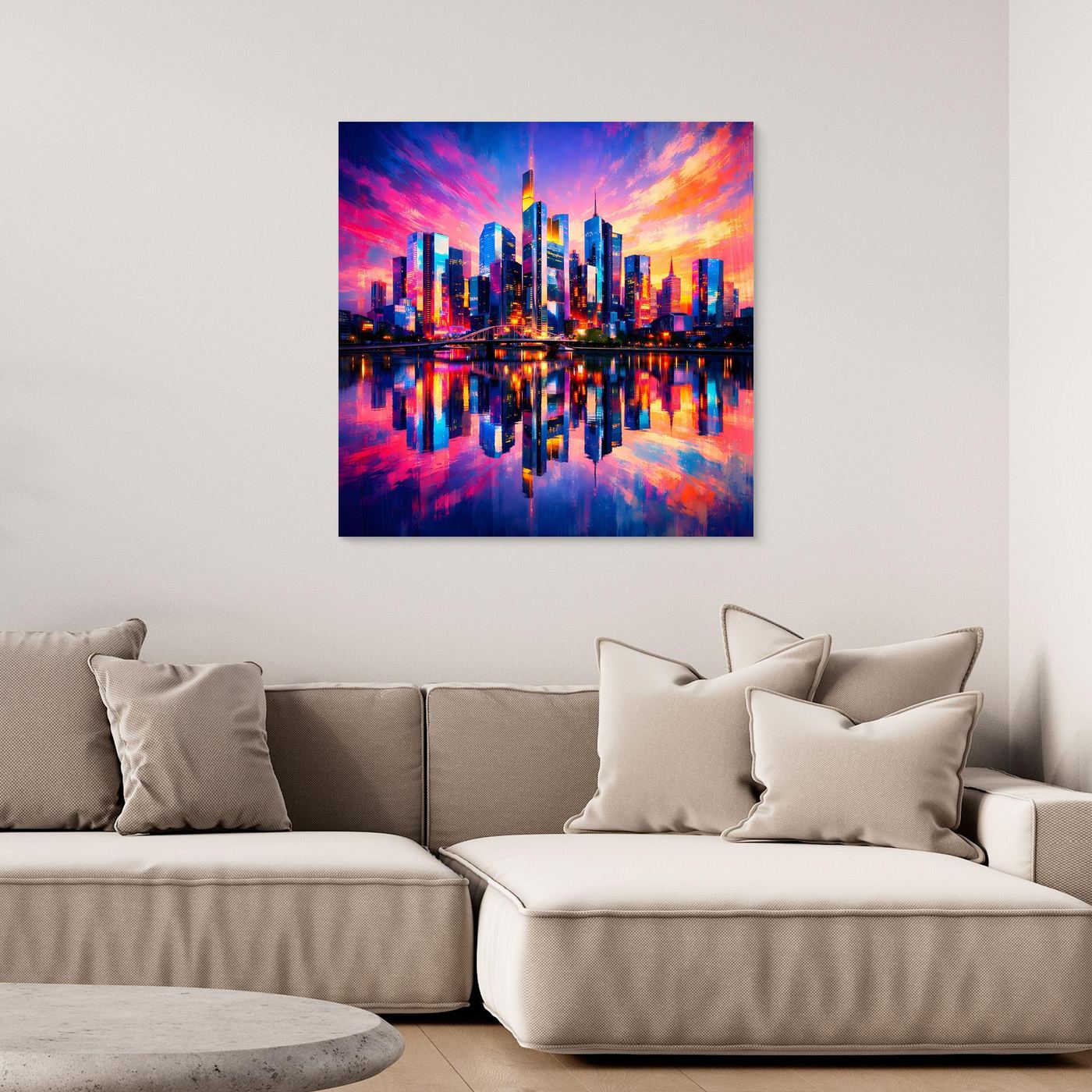 Leinwand Farbenfrohe Frankfurt Skyline bei Sonnenuntergang | Modernes Wandbild