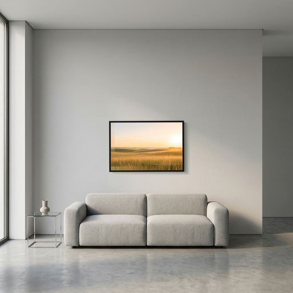 Kleines Wandposter im Querformat mit Wiesenlandschaft bei Sonnenuntergang, schwarzer Rahmen