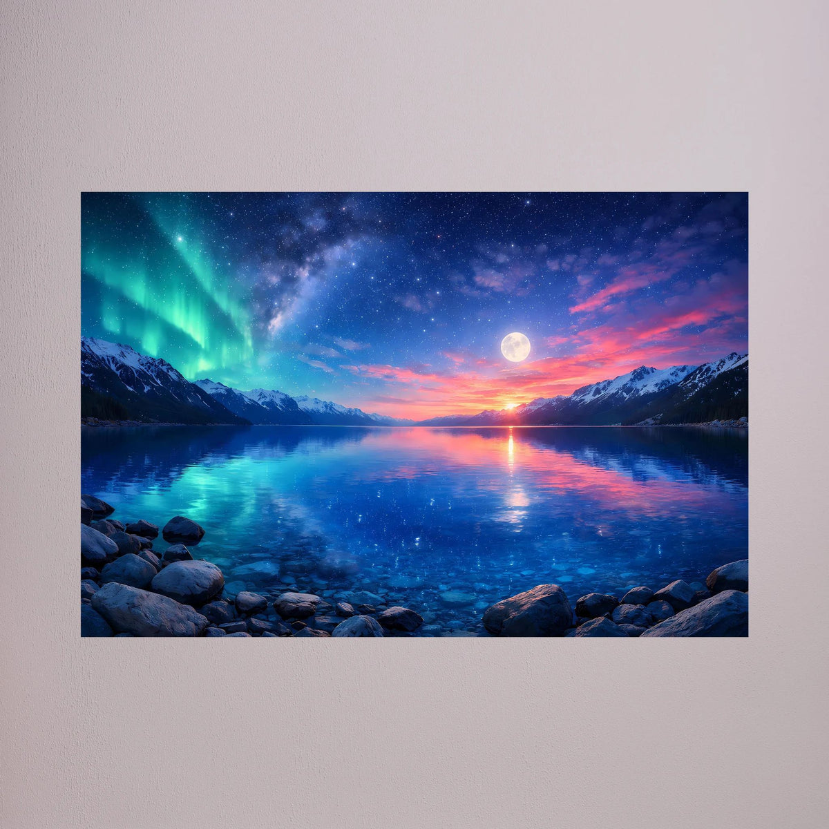 Rechteckiges Wandbild: Polarlicht über See, Felsen im Vordergrund und Mond