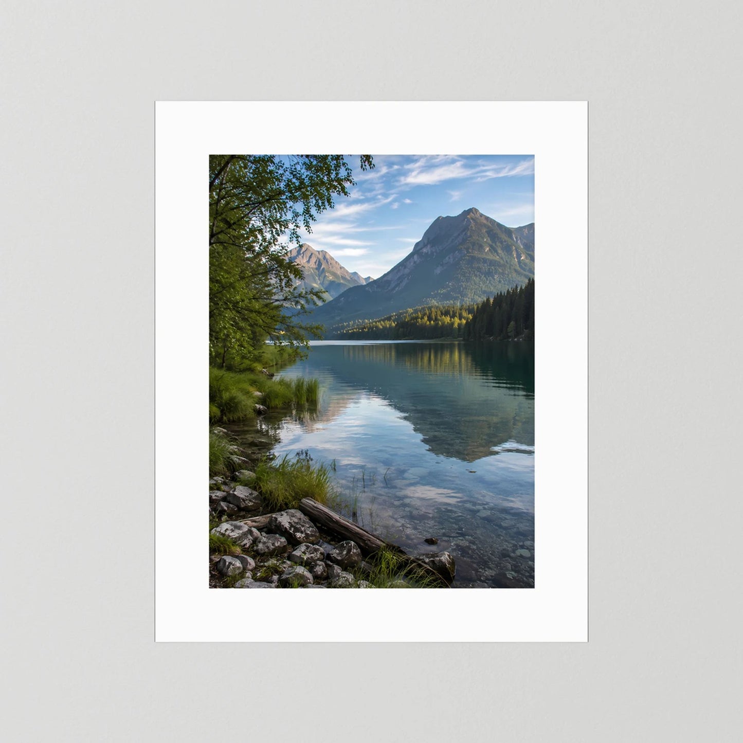 Hochformat-Poster mit Bergsee-Landschaft, nur weißer Passepartout-Rand