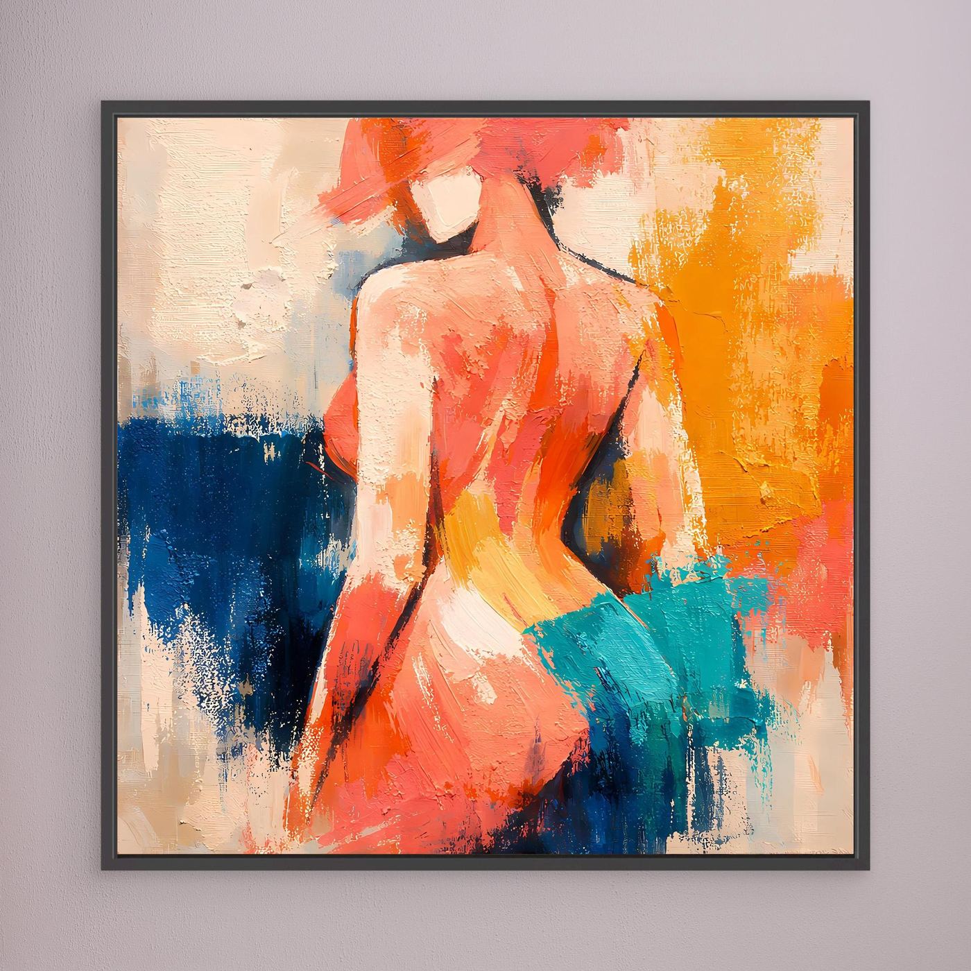 Abstract female back canvas wall art with red and orange figure, blue and teal strokes, dark frame