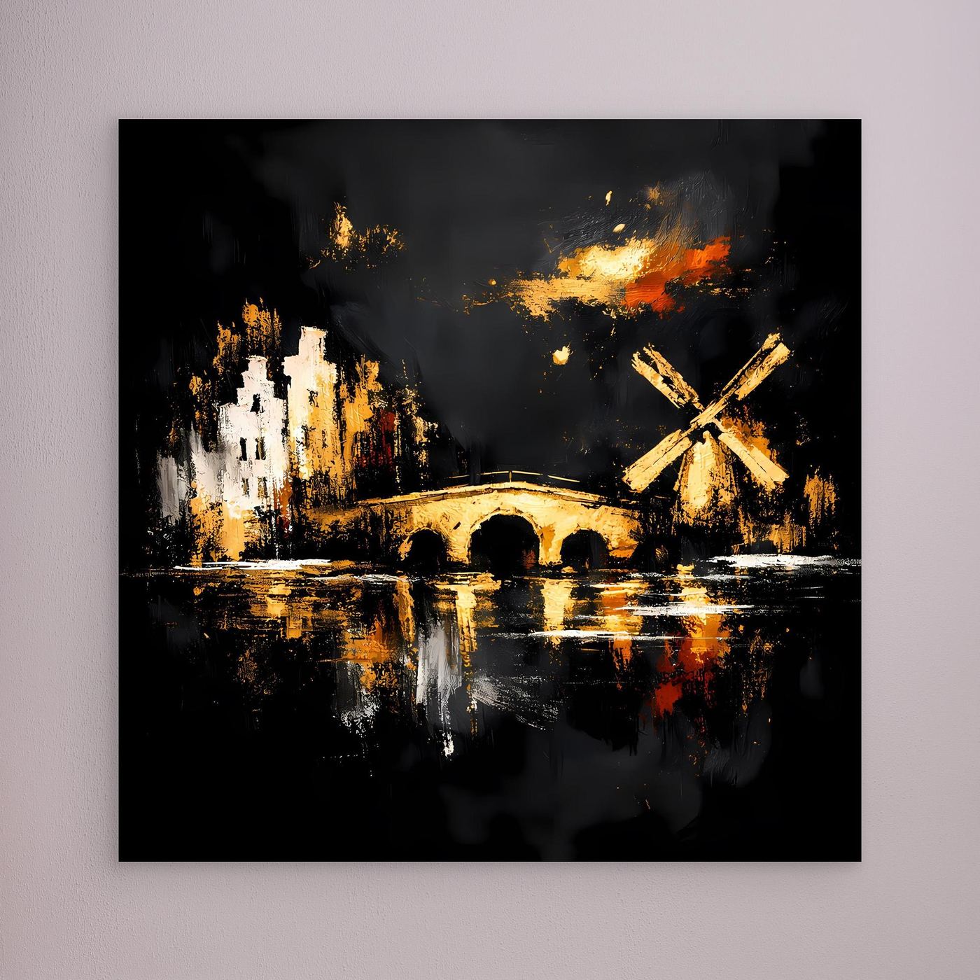 Leinwand Goldene Windmühle in Amsterdam | Abstraktes Holland Wandbild Modern