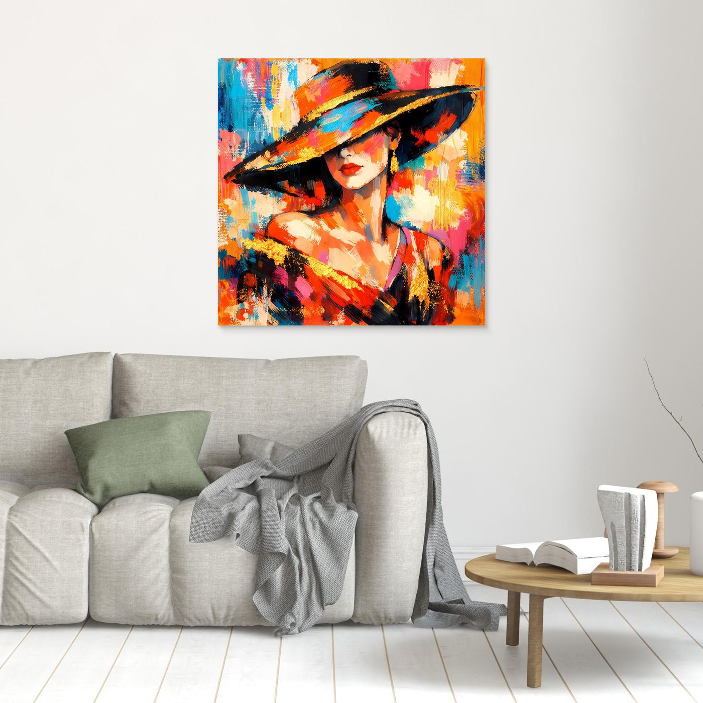 Leinwandbild mit Frau im Hut, buntes abstraktes Portrait, heller Rahmen