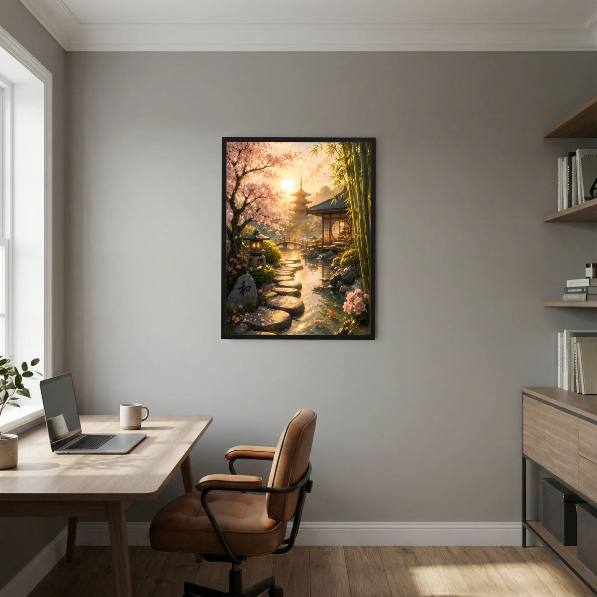 Hochformat-Poster: Kirschblüten, Bambus und Weg durch den Zen-Garten zur Pagode