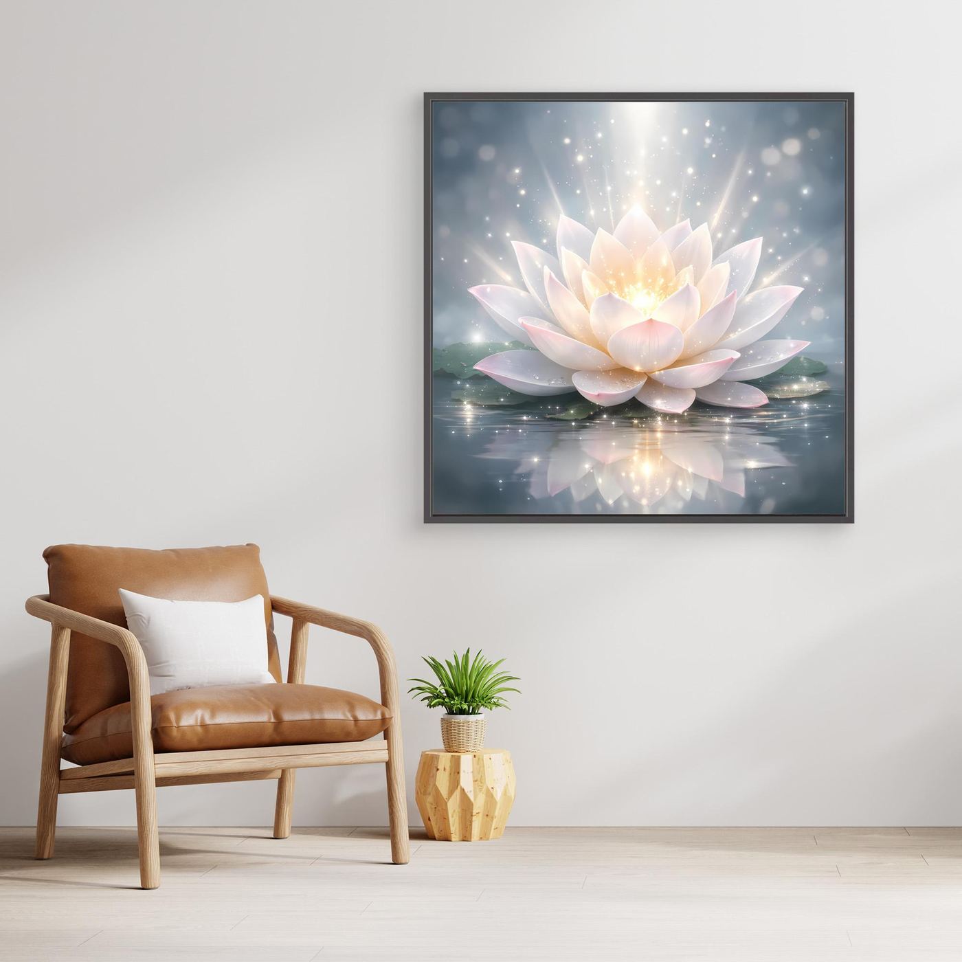 Leinwandbild mit leuchtender Lotusblüte im anthrazitfarbenen Rahmen, hellrosafarbene Blütenblätter