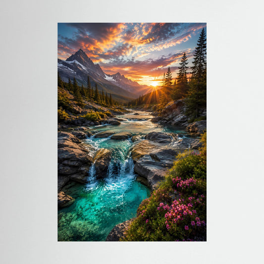 Hochformat-Poster mit türkisem Wasserfall im Alpen-Tal bei Sonnenuntergang