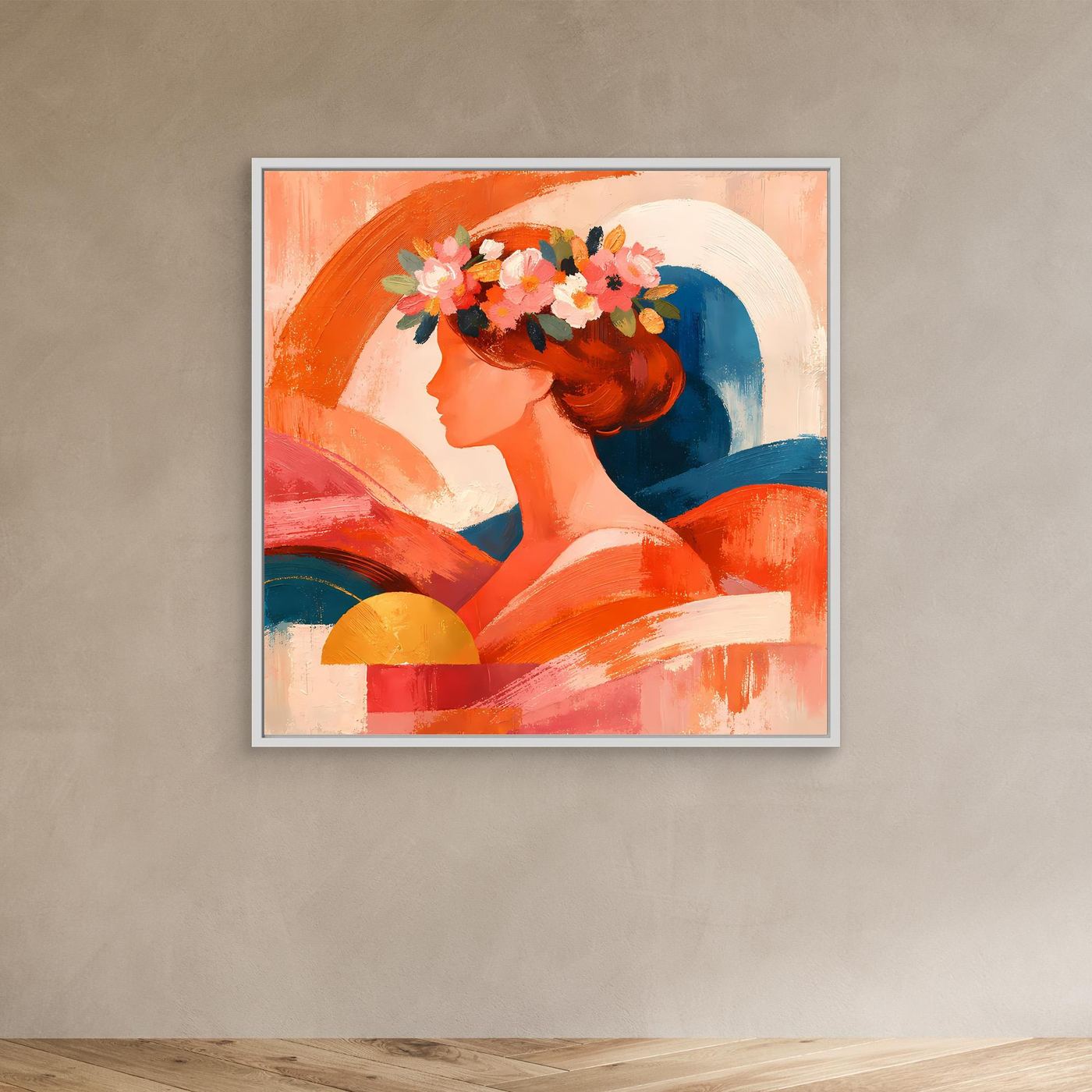 Quadratisches Leinwandbild mit abstraktem Frauenporträt im Profil und Blumen im Haar, warmes Orange.
