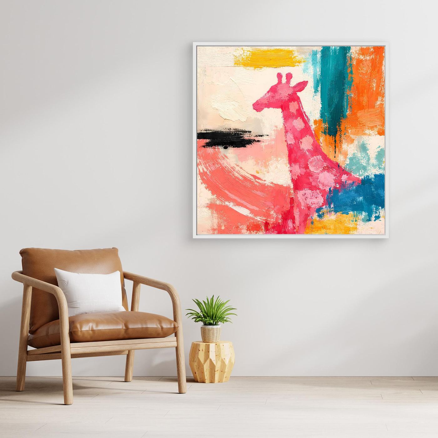 Leinwandbild mit abstrakter Giraffe im Pop-Art-Stil, pinkes Motiv mit türkis-orangen Farbflächen