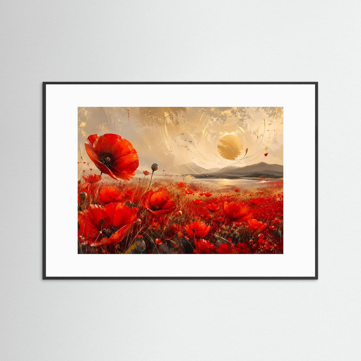 Wandbild mit roten Mohnblumen und goldener Sonne im schwarzen Rahmen mit Passepartout