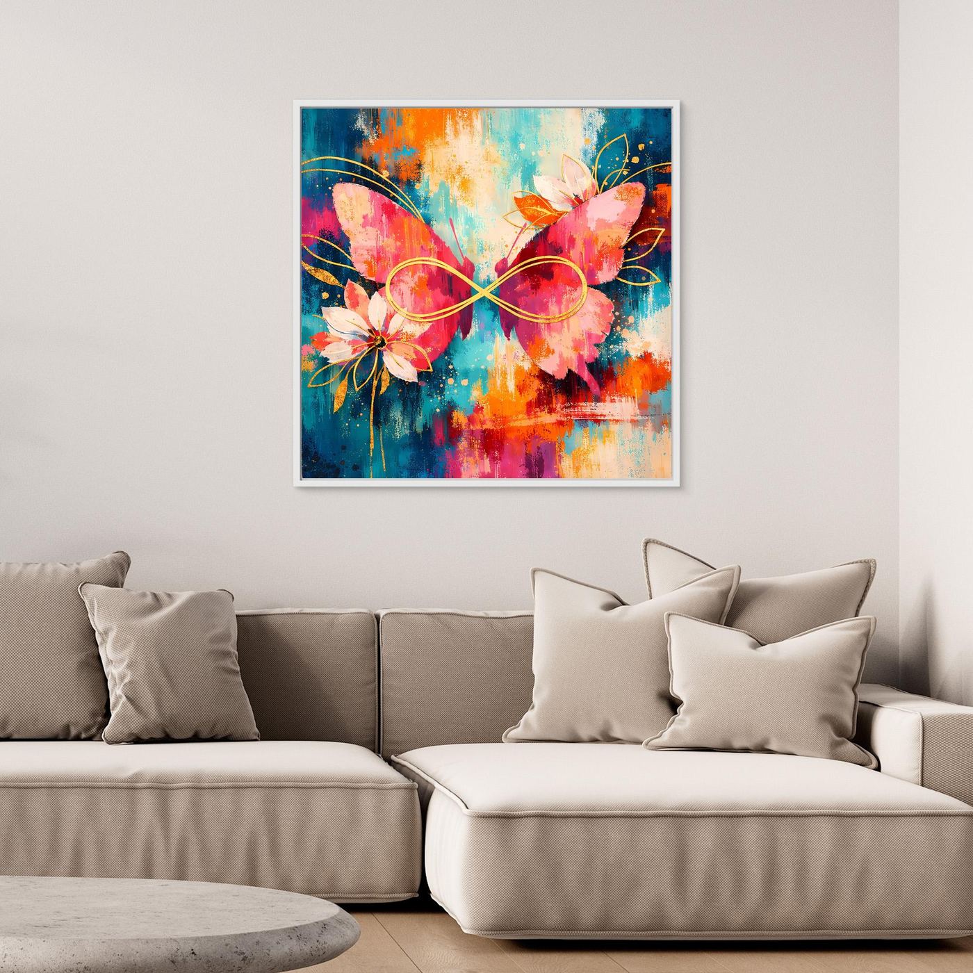 Quadratisches Leinwandbild: farbenfrohe Schmetterlinge mit Unendlichkeitsschleife und Blüten