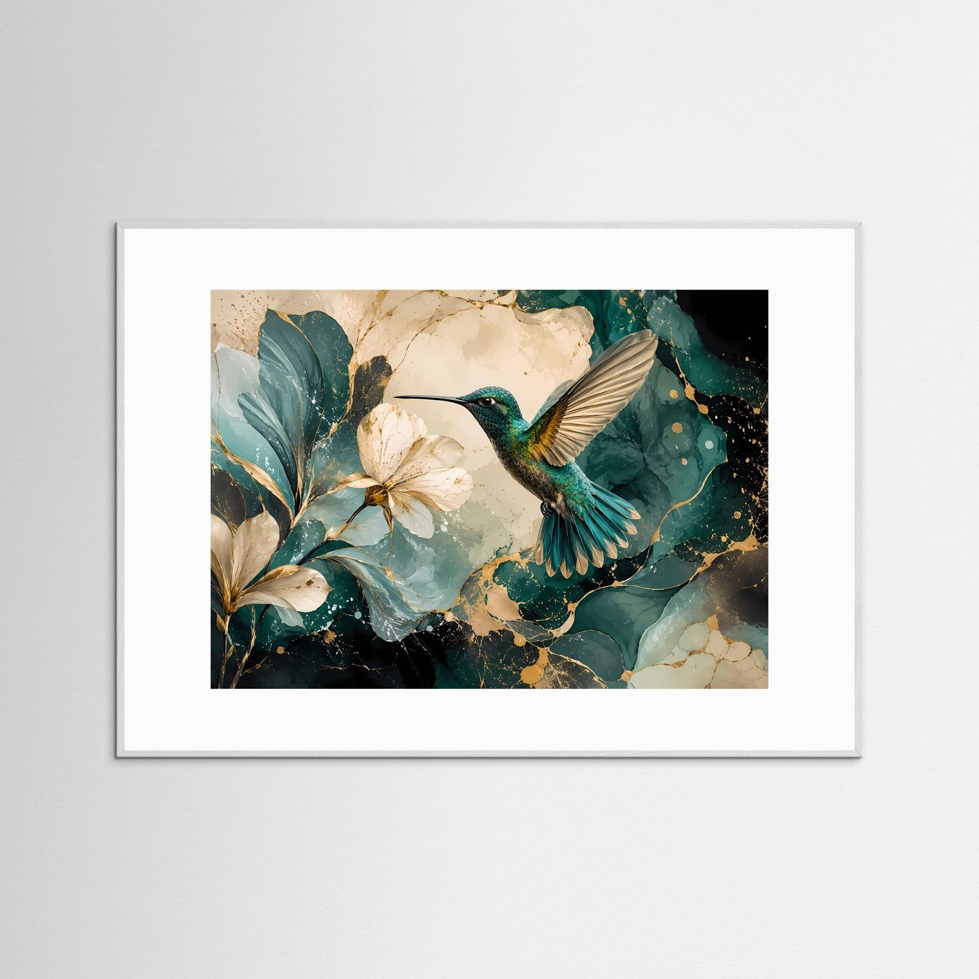 Kolibri mit Magnolienblüten Poster | Elegante Vogelkunst in Türkis Gold Modernes Blumen Wandbild Querformat