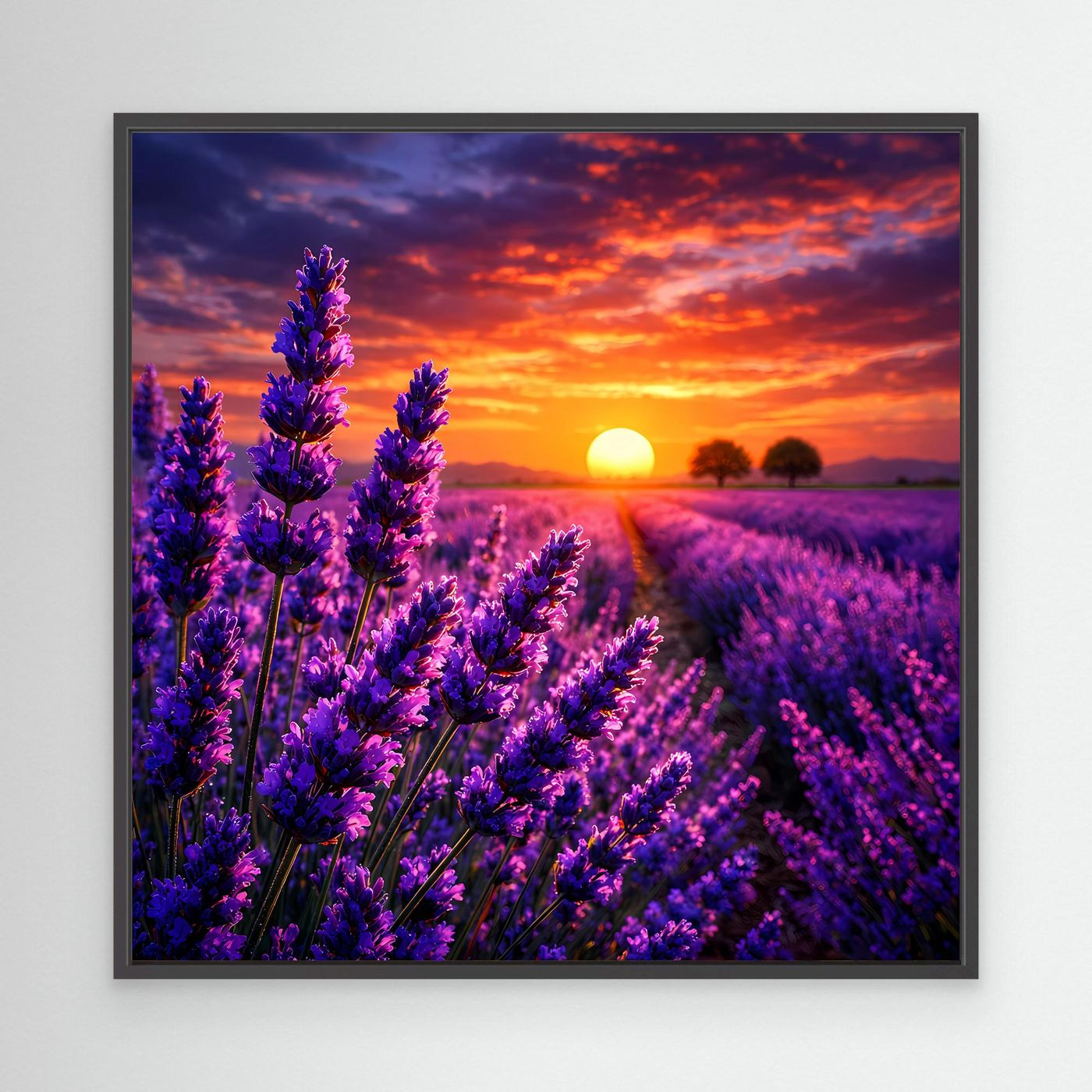 Leinwandbild Lavendelfeld bei Sonnenuntergang, violette Blütenähren, schwarzer Rahmen.
