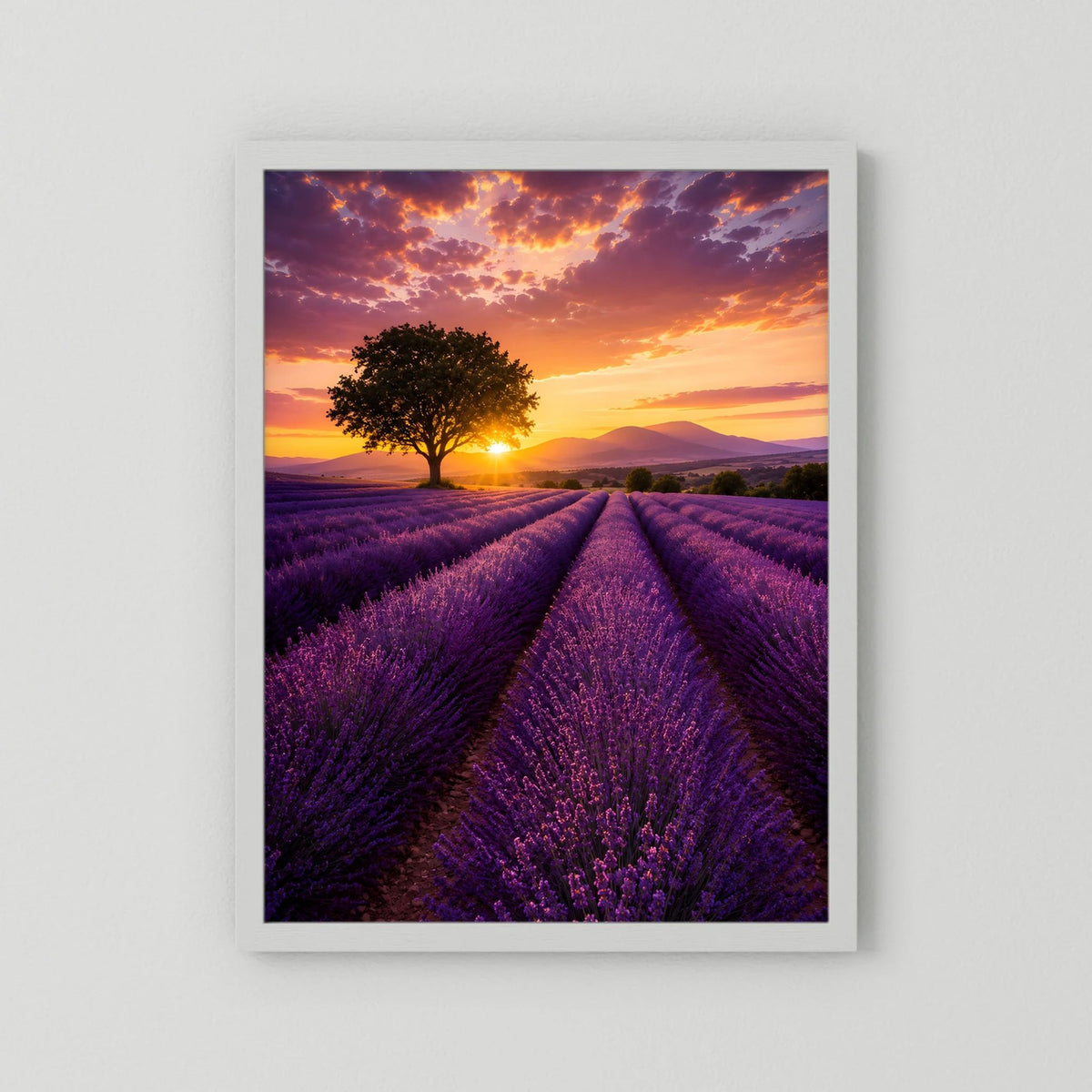 Naturposter im Hochformat mit Lavendelfeld und Sonnenuntergang, ohne Rahmen