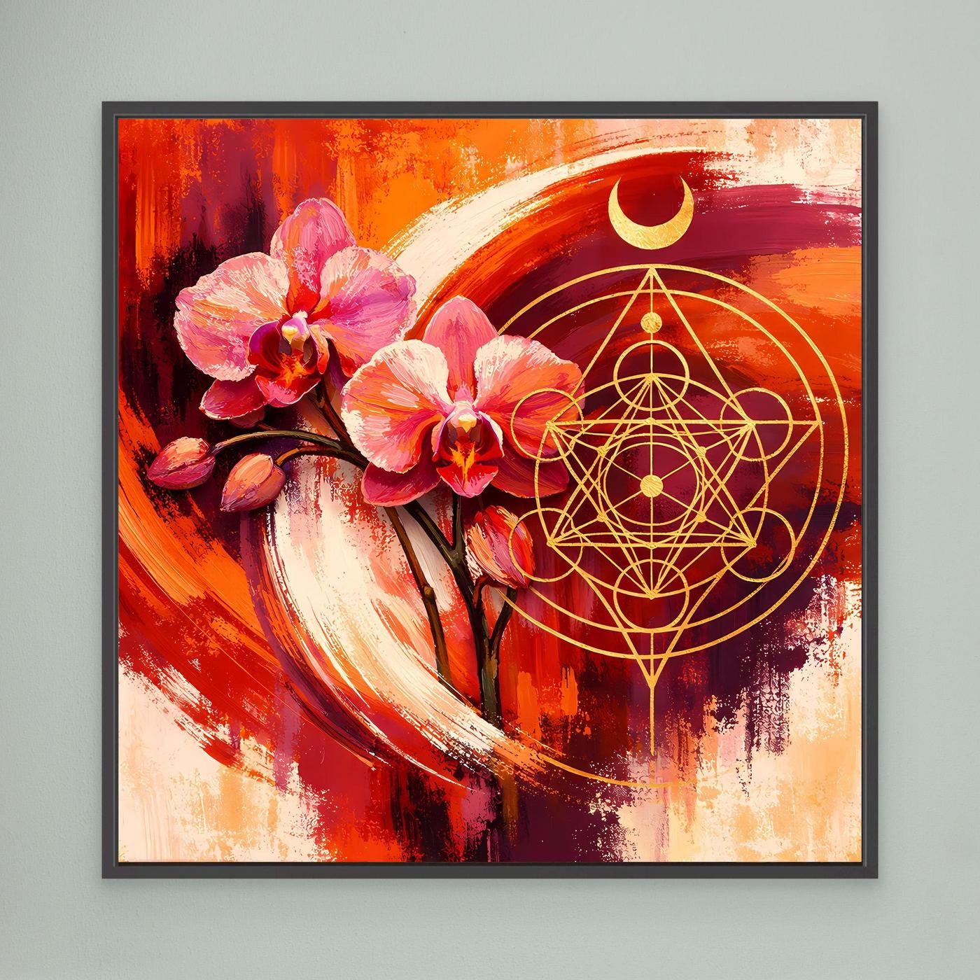 Abstraktes Wandbild mit pinken Orchideen und goldener Heiligen Geometrie, schwarz gerahmt