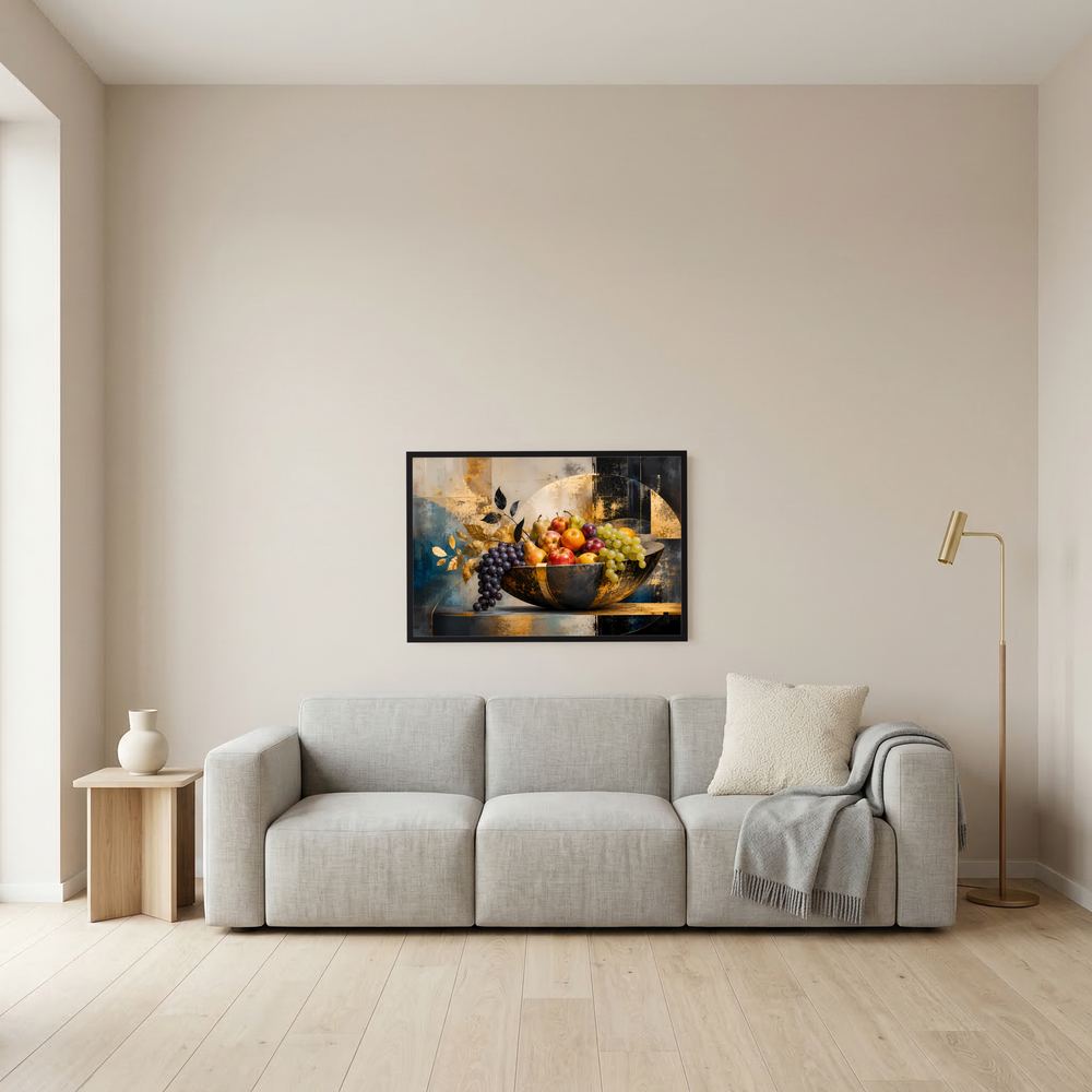 Kleines Obstschalen-Poster mit goldener Schale und Obst, schwarzer Rahmen