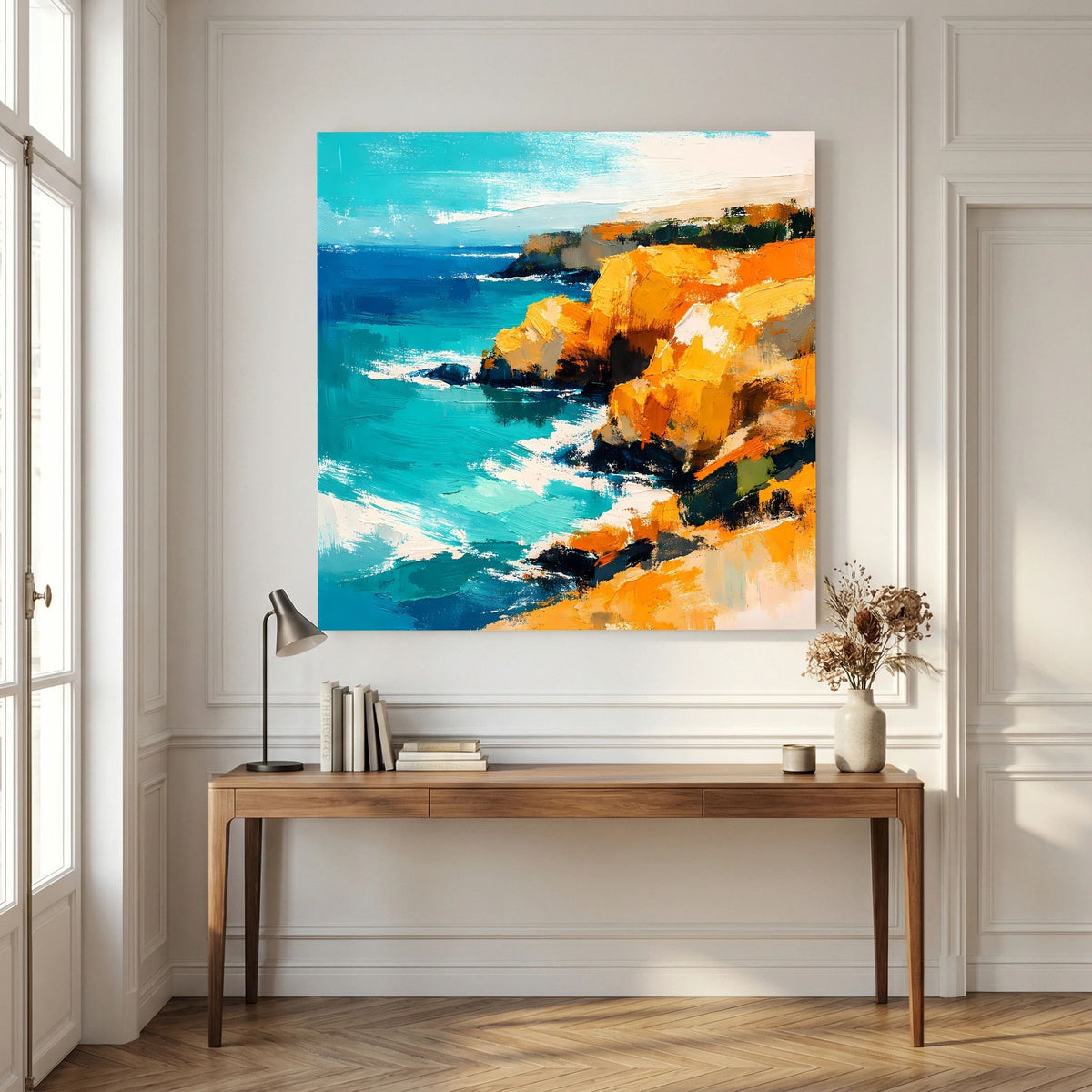 Leinwand Abstraktes Steilküsten Gemälde | Modernes Mediterranes Meeres Wandbild Blau Gelb