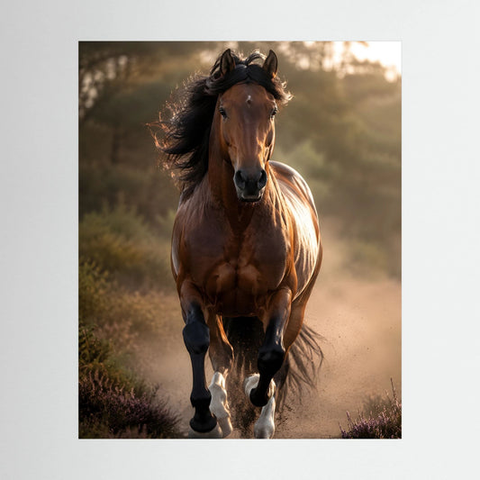 Hochformat-Kunstdruck mit braunem Hengst im Galopp, wallende Mähne, warmes Licht