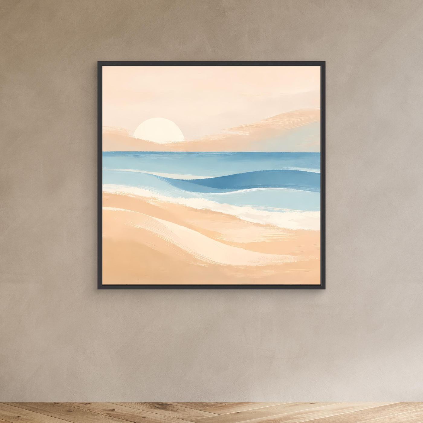Abstraktes Leinwandbild Strand und Sonnenuntergang mit schwarzem Rahmen