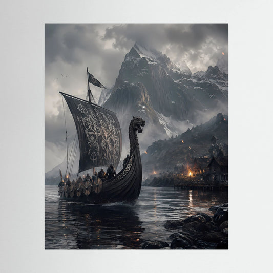 Hochformatposter mit Wikinger-Langschiff auf dunklem Fjord und nächtlichem Lagerfeuer
