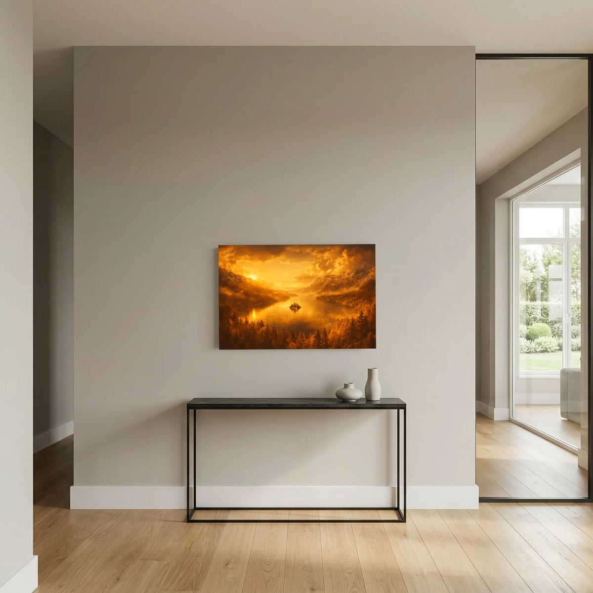 Wandbild im Querformat über Kommode: goldener Bergsee zwischen Bergen