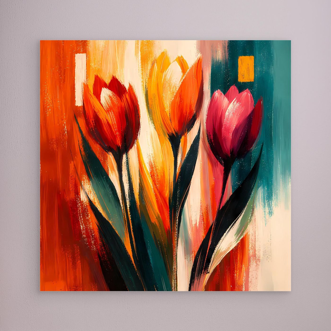 Leinwandbild mit abstrakten Tulpen in Rot und Türkis, ohne sichtbaren Rahmen